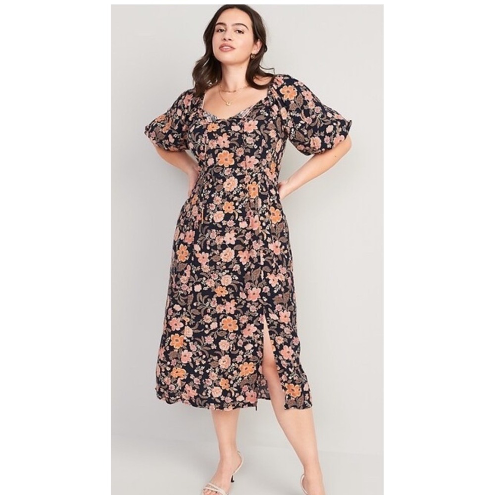 Old Navy Puff‎ Sleeve Midi Swing Dress Floral Print Smocked Cottagecore Milkmaid